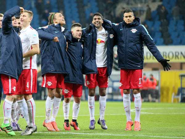 Deutsche Bundesliga, SC Paderborn vs. RasenBallsport Leipzig - Dominik Kaiser, Willi Orban, Yussuf Poulsen, Diego Demme, Marvin Compper und Davie Selke (RB Leipzig) - Foto: GEPA pictures/Roger Petzsche