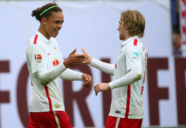RasenBallsport Leipzig vs. Eintracht Braunschweig - Yussuf Poulsen und Emil Forsberg (RB Leipzig) - Foto: GEPA pictures/Kerstin Kummer