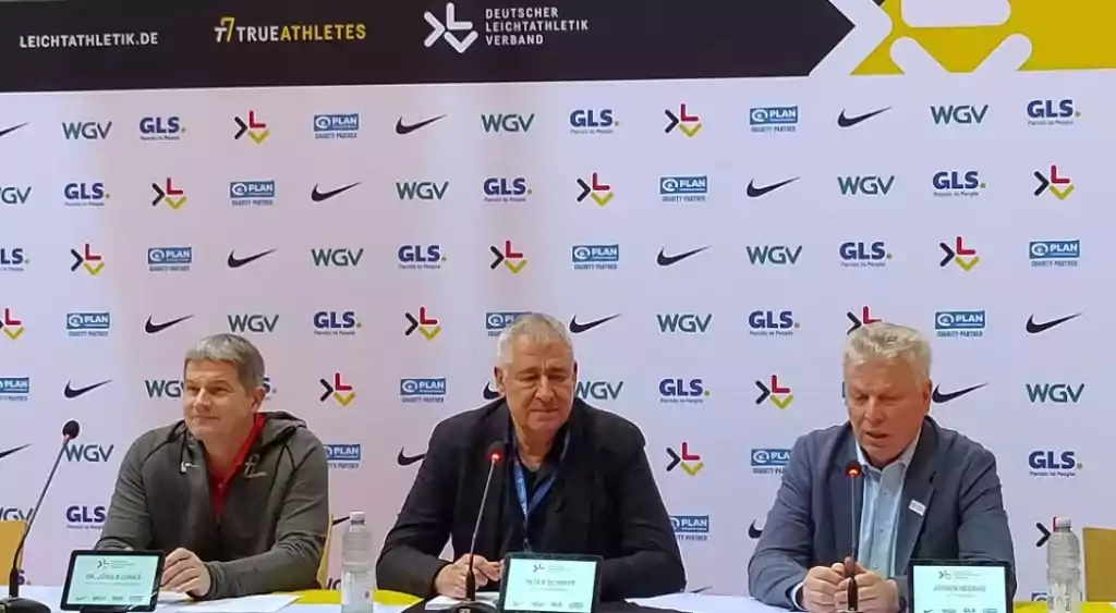 Leichtathletik Hallen DM 2024 Leipzig - DLV Pressekonferenz mit Dr. Jörg Bügner, Peter Schmitt und Jürgen Kessing (v.l.) am 17.02.2024 - Copyright: SPORT4FINAL Leichtathletik Hallen DM 2024 Leipzig - DLV Pressekonferenz mit Dr. Jörg Bügner, Peter Schmitt und Jürgen Kessing (v.l.) am 17.02.2024 - Copyright: SPORT4FINAL