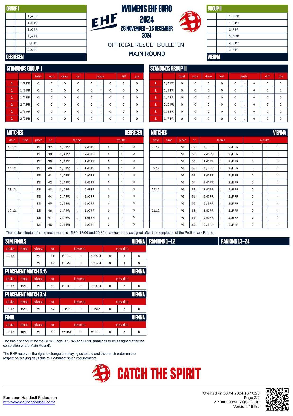 Handball EM 2024 EHF EURO Frauen Spielplan - Copyright: EHF Media Handball EM 2024 EHF EURO Frauen Spielplan - Copyright: EHF Media